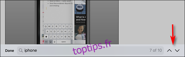 Appuyez sur les flèches pour vous déplacer entre les résultats de recherche dans Safari sur iPhone ou iPad