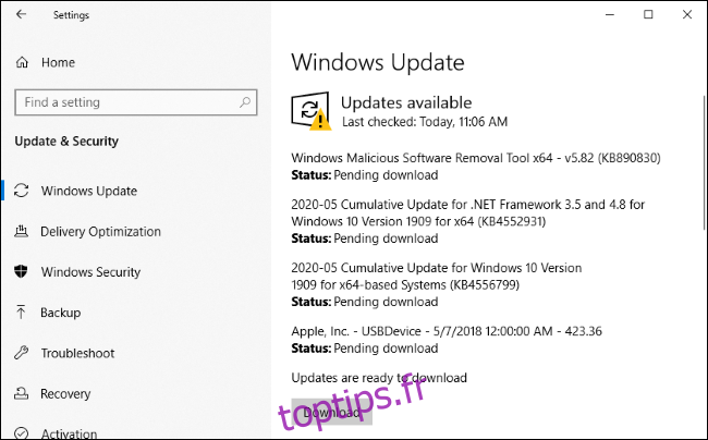Installation des mises à jour pour Edge et d'autres logiciels via Windows Update.