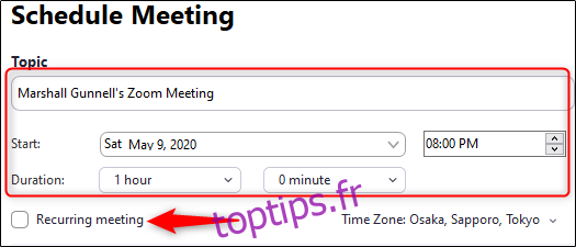 Définir l'heure et la date de la réunion