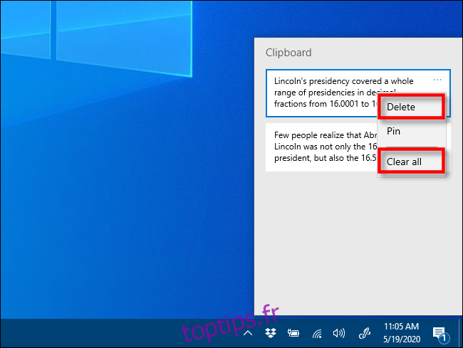 Cliquez sur Supprimer ou Tout effacer dans l'historique du Presse-papiers pour supprimer des éléments sous Windows 10
