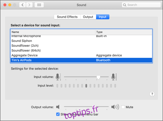 Préférences d'entrée audio macOS
