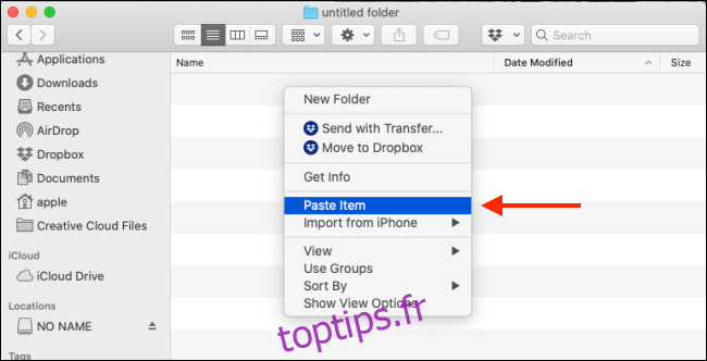 Sélectionnez l'option Coller l'élément dans le Finder pour coller le fichier sur Mac