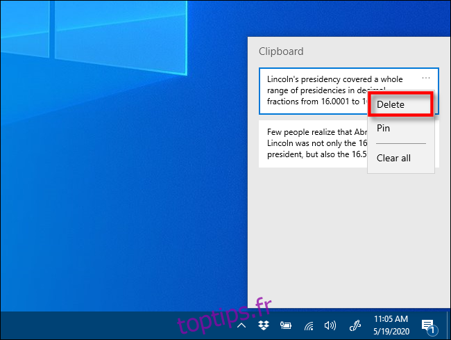 Cliquez sur Supprimer dans l'historique du Presse-papiers sous Windows 10