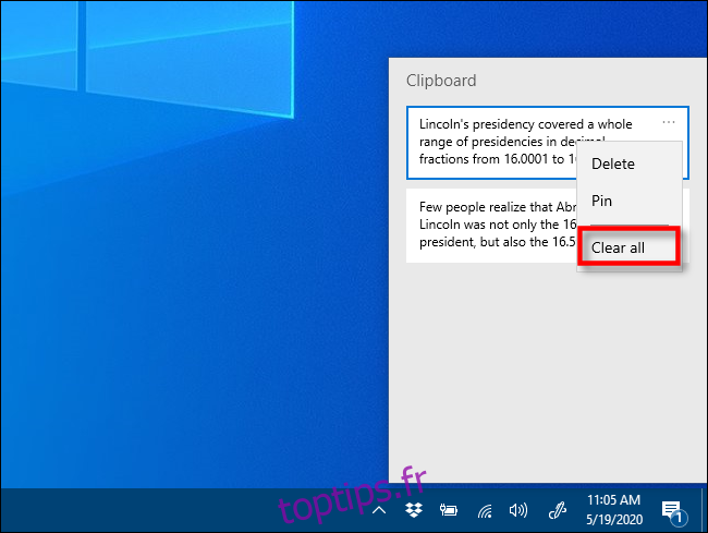 Cliquez sur tout effacer dans l'historique du Presse-papiers sous Windows 10