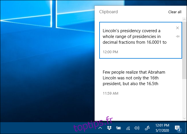 La fenêtre d'historique du Presse-papiers dans Windows 10