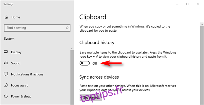 Cliquez sur le commutateur d'historique du Presse-papiers dans les paramètres système de Windows 10 pour le désactiver