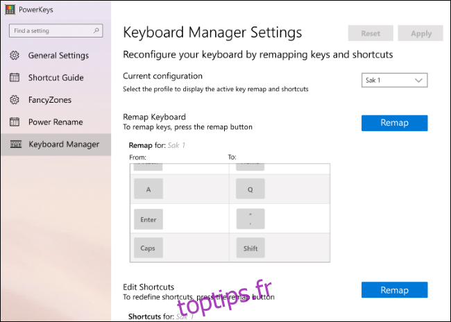 Une première version des paramètres de Keyboard Manager dans PowerToys.