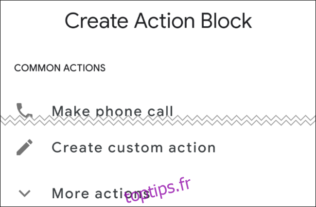 Écran de création de blocs d'action Android