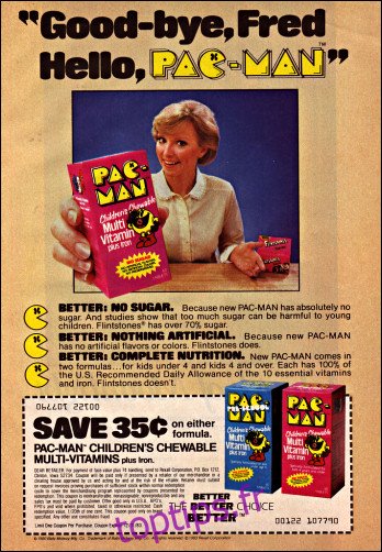 Une publicité pour Pac-Man Children's Chewable Multi-Vitamin Plus Iron.