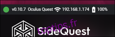 SideQuest connecté à un casque Oculus Quest.