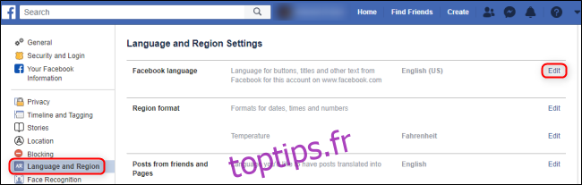 Langue et région de Facebook