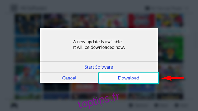 Une nouvelle mise à jour est disponible message sur Nintendo Switch