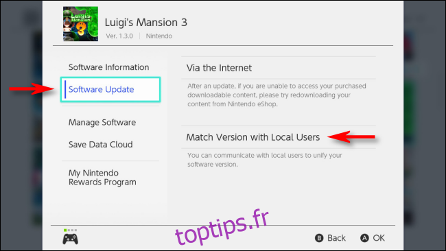 Sélectionnez Match Version with Local Users dans le menu Options de Nintendo Switch