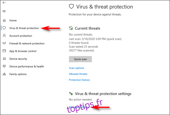 Cliquez sur gérer les paramètres dans la sécurité Windows sur Windows 10