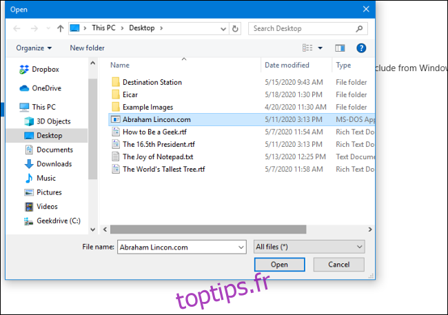 Sélection d'un fichier à exclure des analyses Windows Defender dans les paramètres de sécurité Windows pour Windows 10