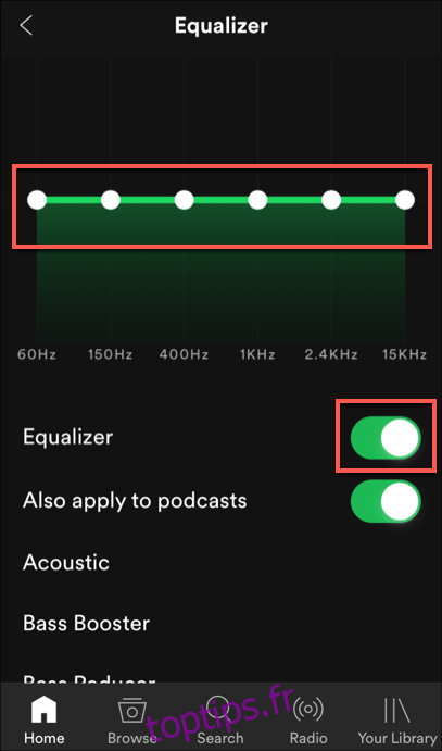 Les paramètres de l'égaliseur pour Spotify sur iOS