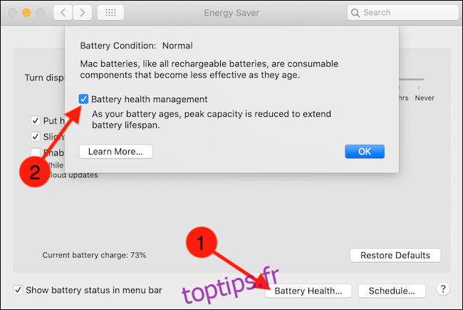 Cliquez sur le bouton Battery Health, puis décochez l'option Battery Health Management.