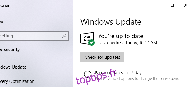 Windows Update indiquant que vous êtes à jour