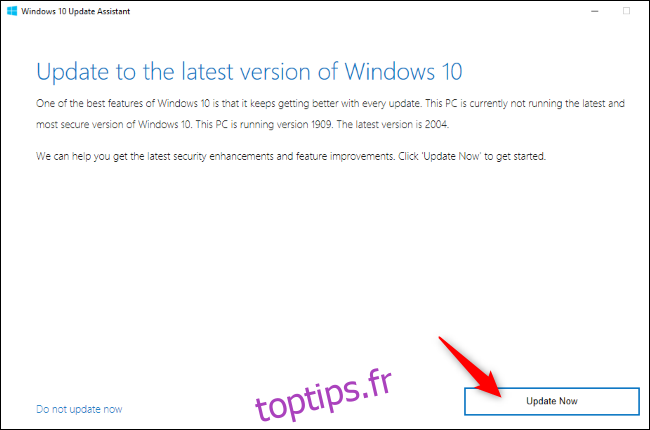 Assistant de mise à jour de Windows 10 offrant une mise à niveau