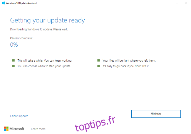 Installation de la mise à jour de mai 2020 avec l'assistant de mise à jour de Windows 10