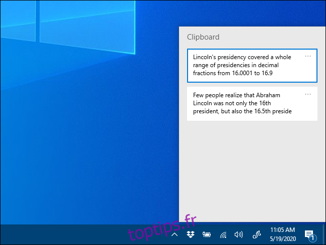La fenêtre contextuelle de l'historique du Presse-papiers sous Windows 10.