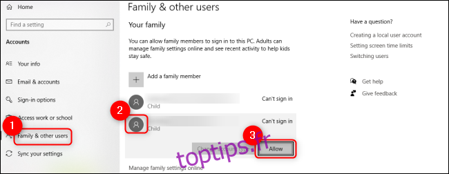 Windows 10 autorise l'utilisateur enfant