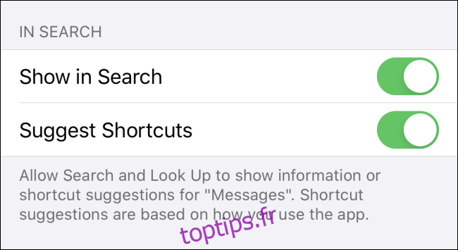 Paramètres de recherche de messages Spotlight sur iPhone