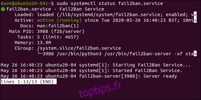 sudo systemctl status fail2ban.service dans une fenêtre de terminal.