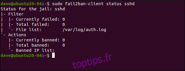 sudo fail2ban-client status sshd dans une fenêtre de terminal.