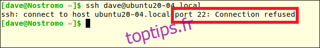 ssh dave@ubuntu20-04.local dans une fenêtre de terminal avec connexion refusée.