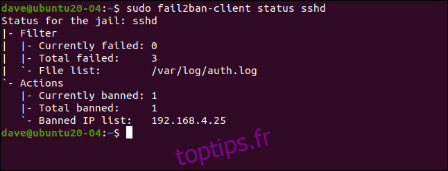 sudo fail2ban-client status sshd dans une fenêtre de terminal.