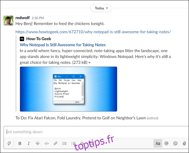 Exemples de notes et de liens vers vous-même dans Slack