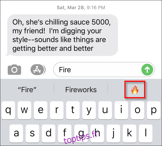 Appuyez sur l'emoji dans la zone de texte prédictif pour l'insérer dans les messages Apple