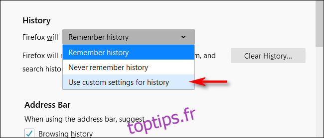 Cliquez sur Utiliser les paramètres personnalisés pour l'historique dans Firefox