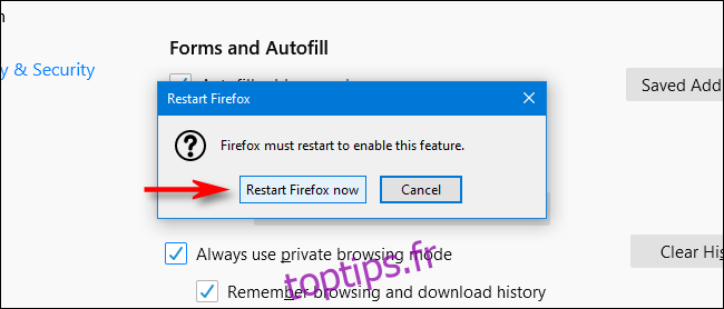 Cliquez sur Redémarrer Firefox maintenant dans Firefox