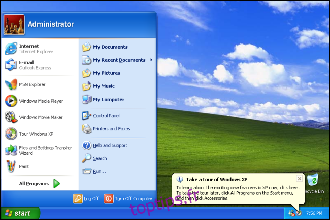 Le menu Démarrer sur un bureau Windows XP avec le champ vert et le fond de ciel. 