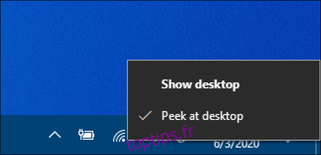 Windows 10 Afficher le menu contextuel du bouton du bureau - Vérifier à côté de Peek at Desktop