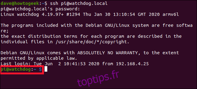 Une connexion SSH à un Raspberry Pi dans une fenêtre de terminal.