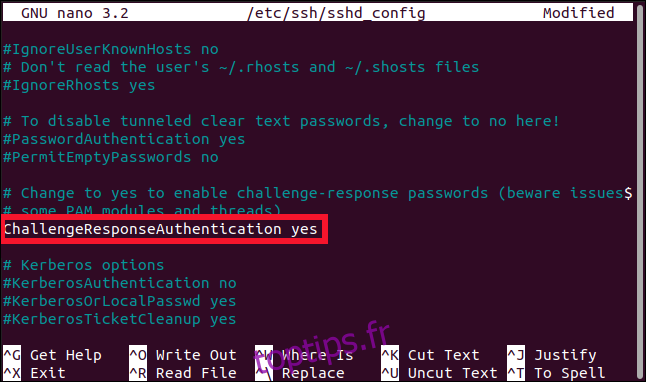Fichier sshd_config ouvert dans l'éditeur nano avec la ligne ChallengeResponseAuthentication en surbrillance, dans une fenêtre de terminal.