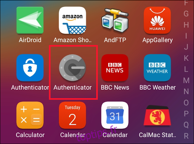 Icône de l'application Google Authenticator sur un téléphone portable Android.