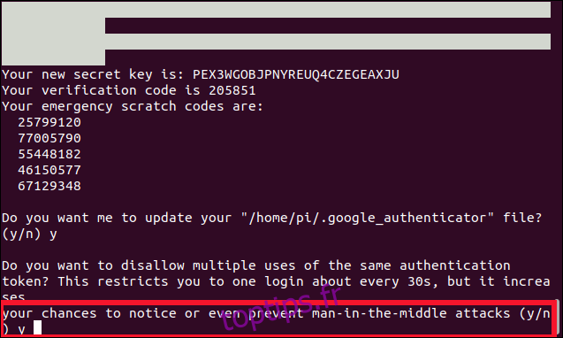 Voulez-vous interdire plusieurs utilisations du même jeton d'authentification? (y / n) dans une fenêtre de terminal.
