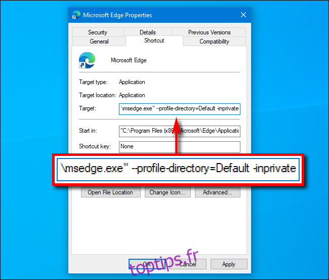 Ajouter InPrivate au chemin d'accès dans le raccourci vers Microsoft Edge sur Windows 10