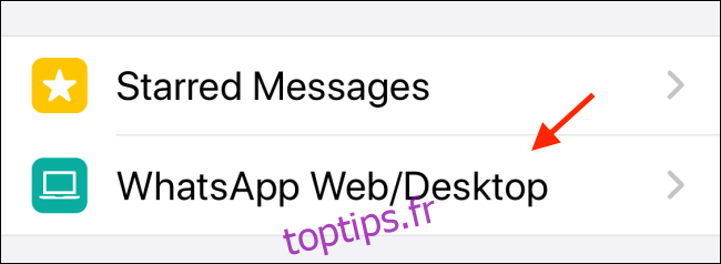 Choisissez WhatsApp Web dans les paramètres de l'iPhone