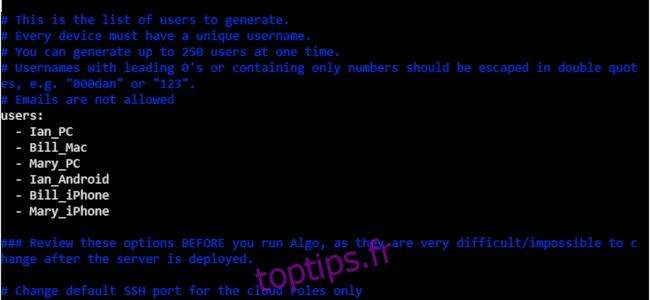 Un fichier de configuration Algo dans une fenêtre de terminal.