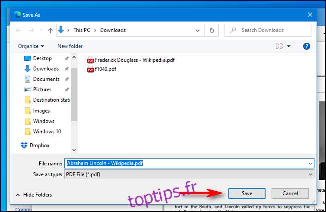 Cliquez sur Enregistrer dans la boîte de dialogue Enregistrer sous dans Microsoft Edge