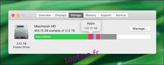 Passez votre souris sur le graphique de stockage sur disque pour voir l'espace par type de fichier dans macOS Catalina