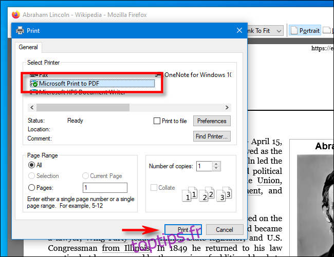 Sélectionnez Microsoft Print to PDF dans Firefox sur PC