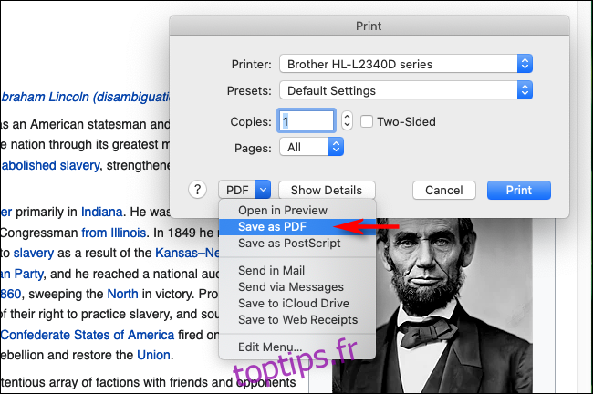 Sélectionnez Enregistrer au format PDF dans Firefox sur Mac