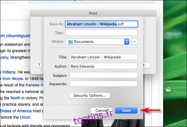 Tapez le nom du fichier et cliquez sur Enregistrer dans Firefox sur Mac