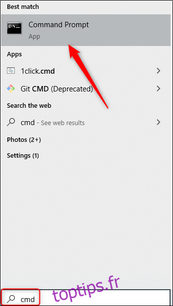 Option d'invite de commande dans la recherche Windows